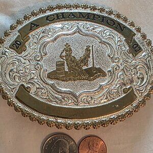 Vintage 2002 Metal Belt Buckle, Brass and Silver, A Champion, Horse, Barrel